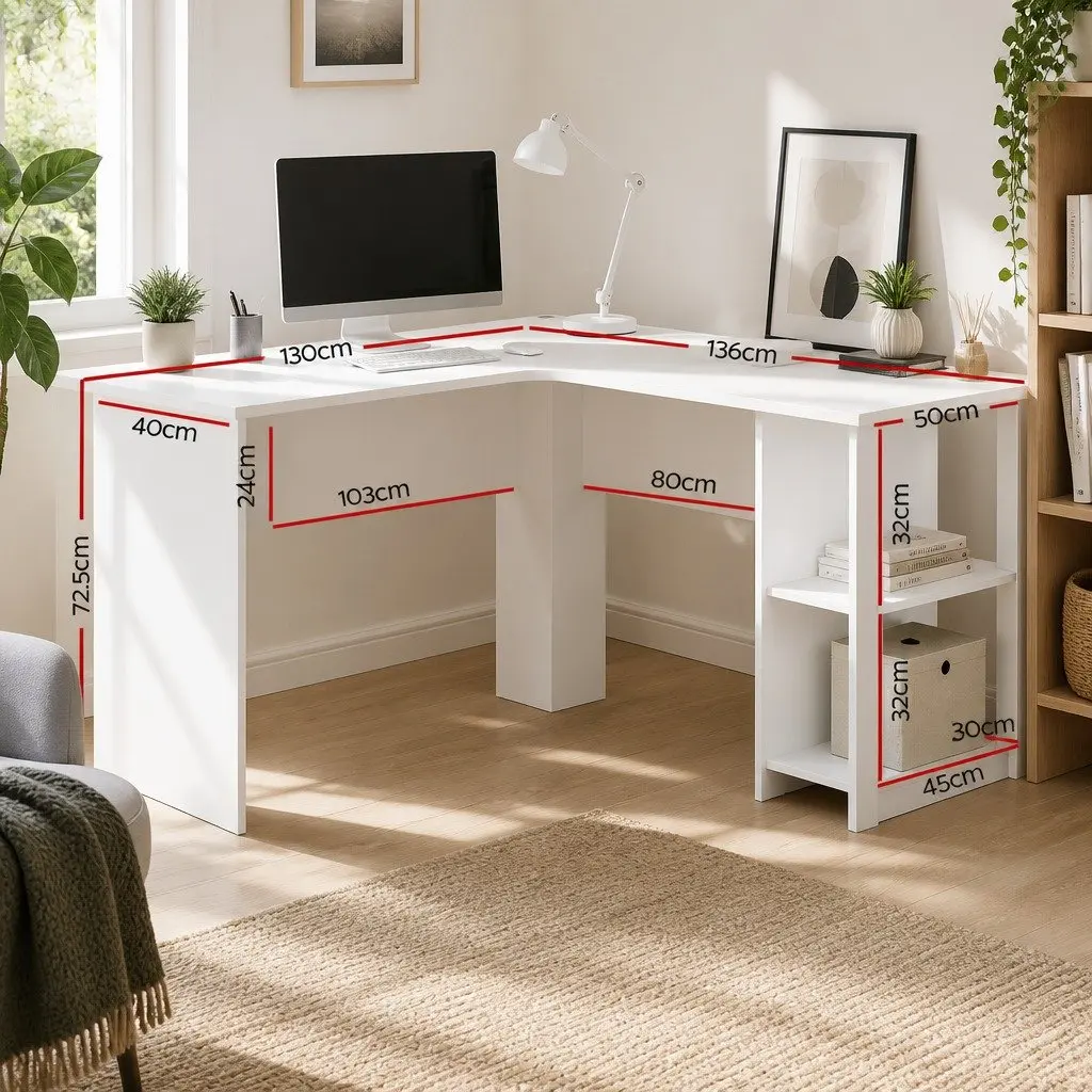 L-Shape Computer Desk with Open Shelves and Cable Management White 136cm Office
