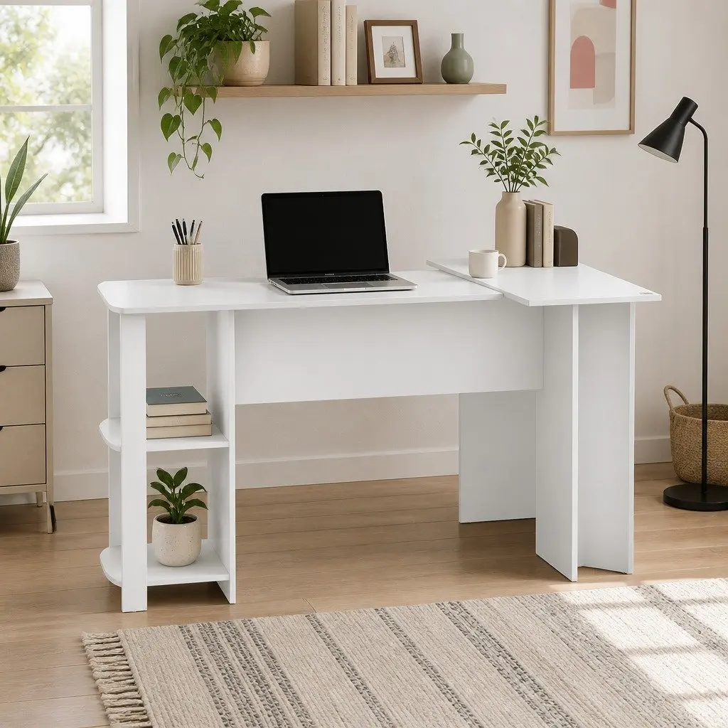 L-Shape Computer Desk with Open Shelves and Cable Management White 136cm Office