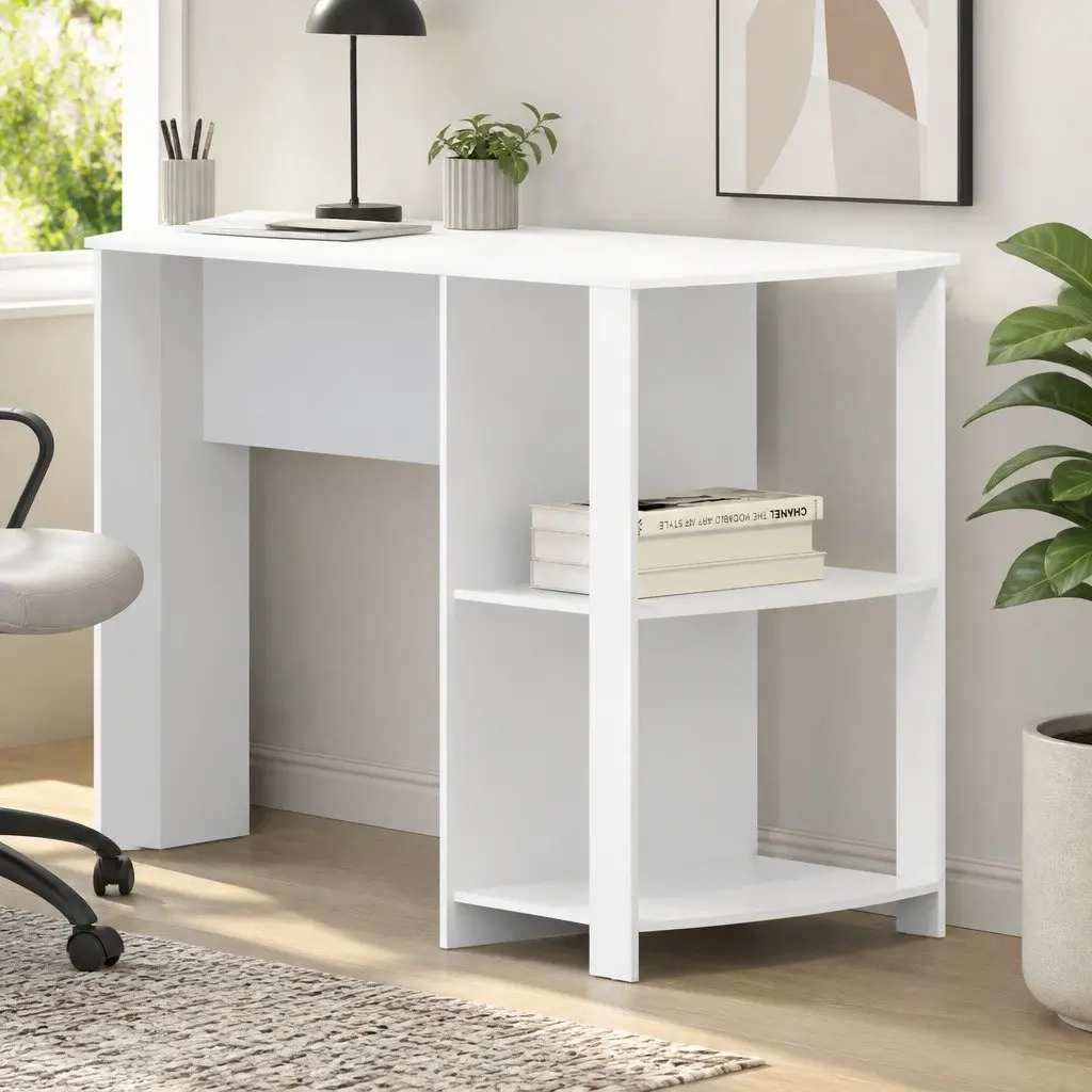 L-Shape Computer Desk with Open Shelves and Cable Management White 136cm Office