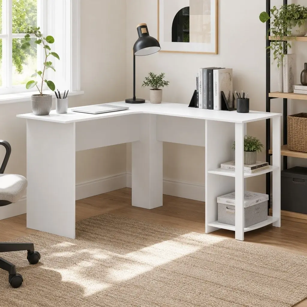 L-Shape Computer Desk with Open Shelves and Cable Management White 136cm Office
