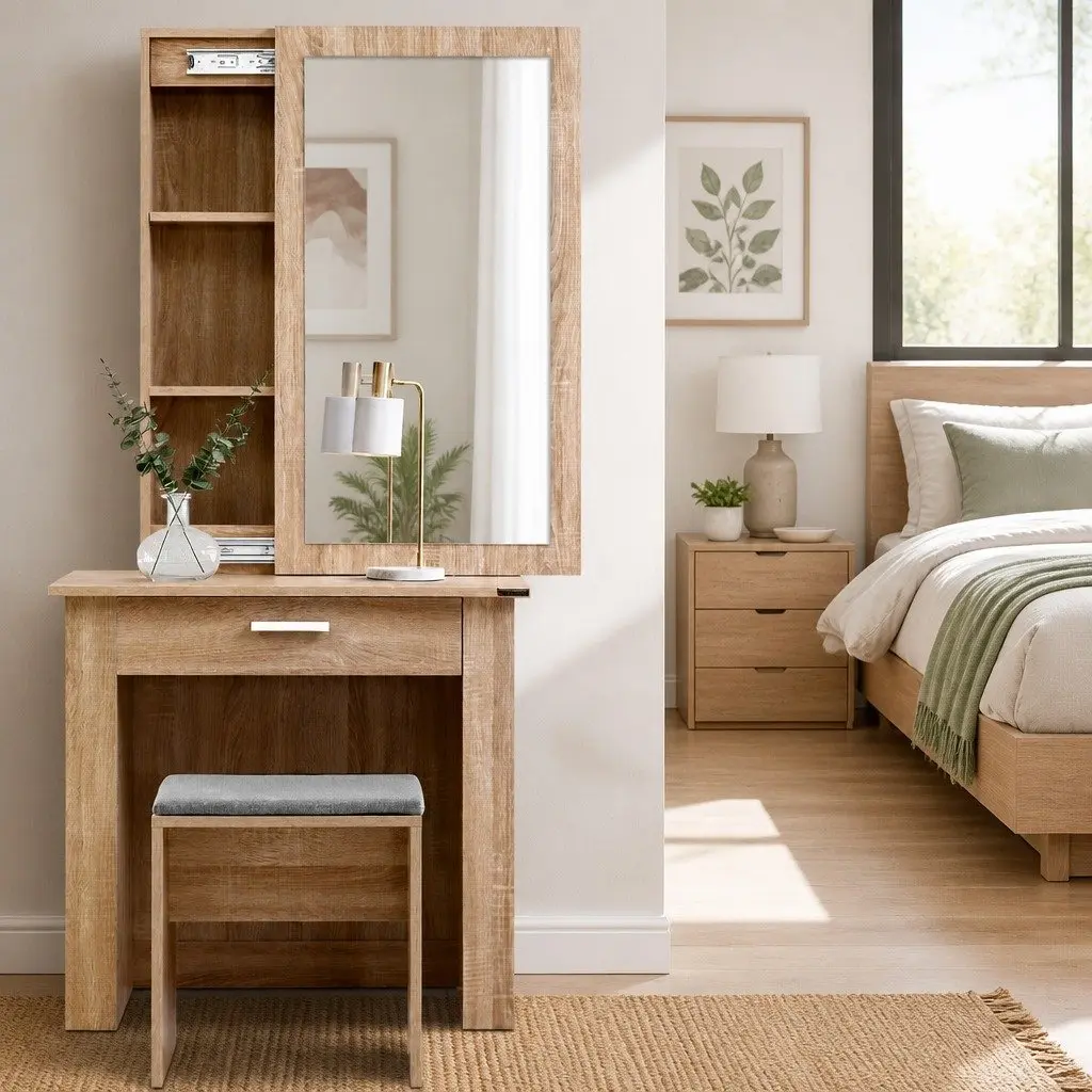 Dressing Table Stool Set Sliding Mirror Bedroom Vanity Storage Wood
