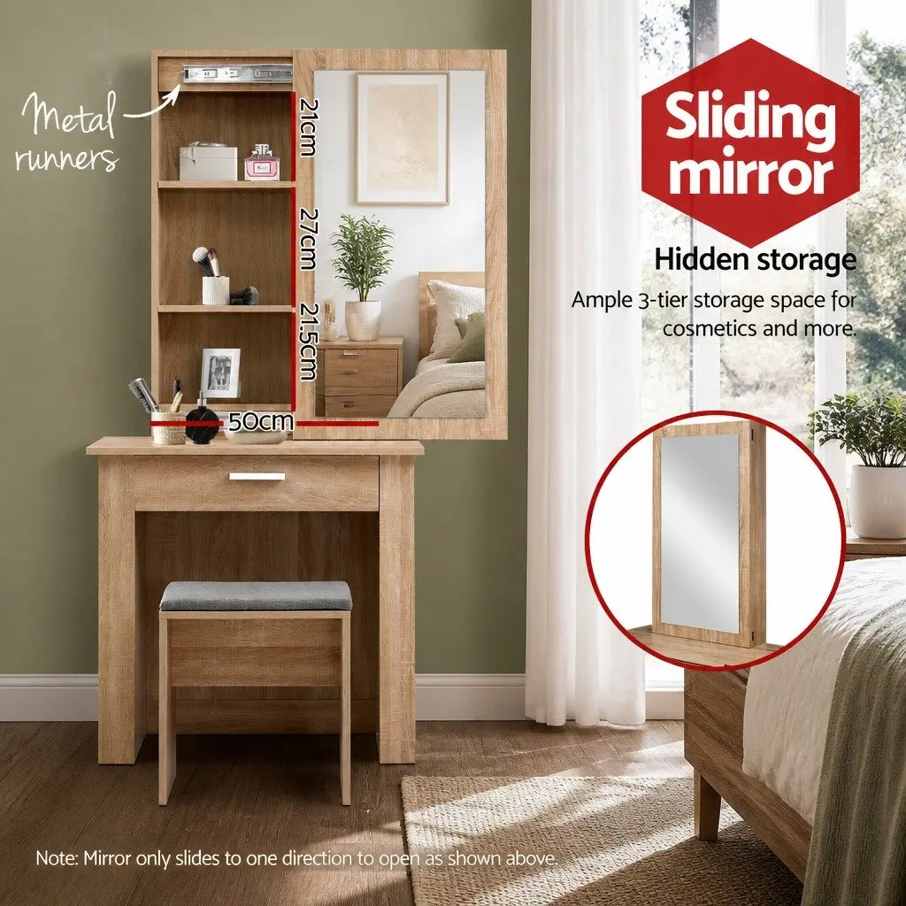 Dressing Table Stool Set Sliding Mirror Bedroom Vanity Storage Wood