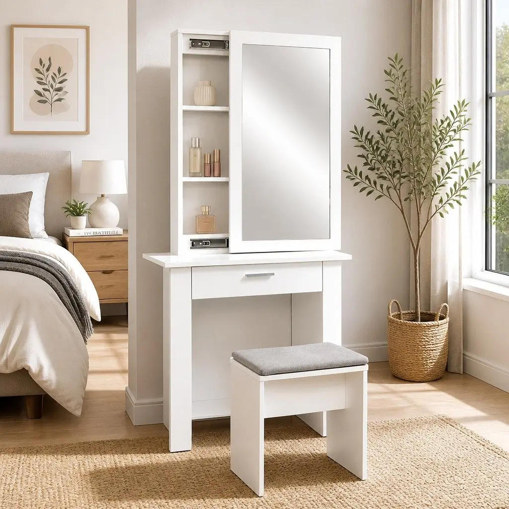 Dressing Table Set for Bedroom with Sliding Mirror and Storage Drawer White