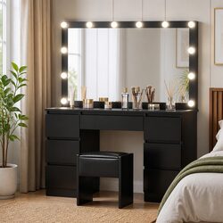 Dressing Table Vanity Desk Set with LED Bulbs Mirror Stool Black Bedroom