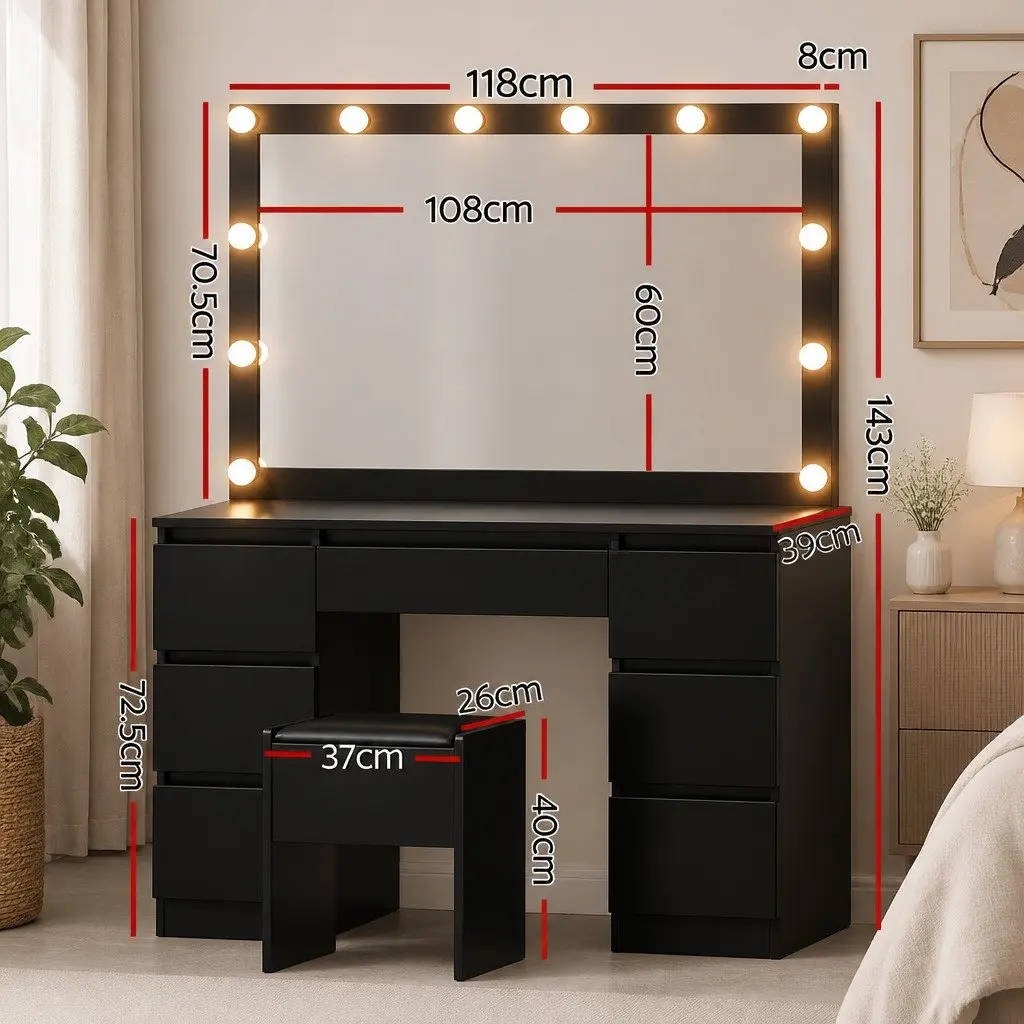 Dressing Table Vanity Desk Set for Bedroom with LED Bulbs Mirror and Stool Black 118cm x 39cm x 143cm