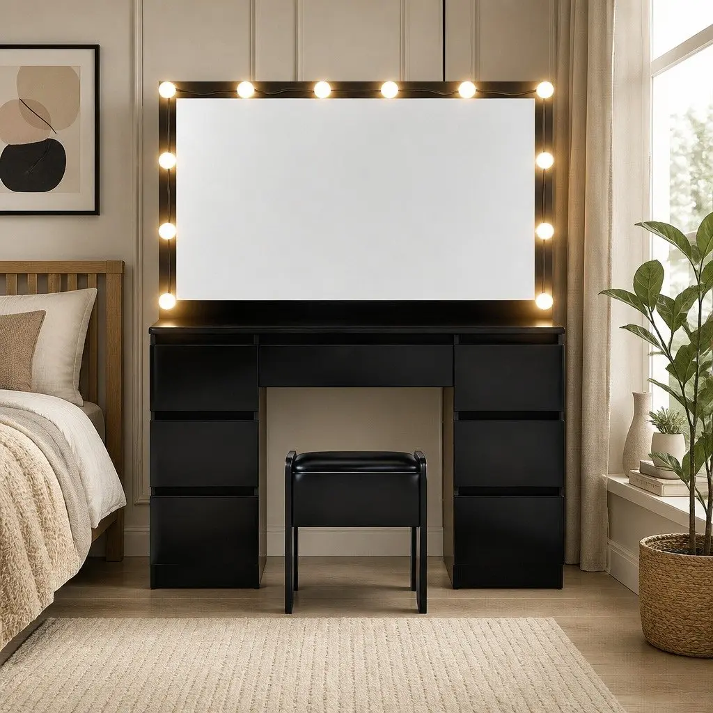 Dressing Table Vanity Desk Set for Bedroom with LED Bulbs Mirror and Stool Black 118cm x 39cm x 143cm