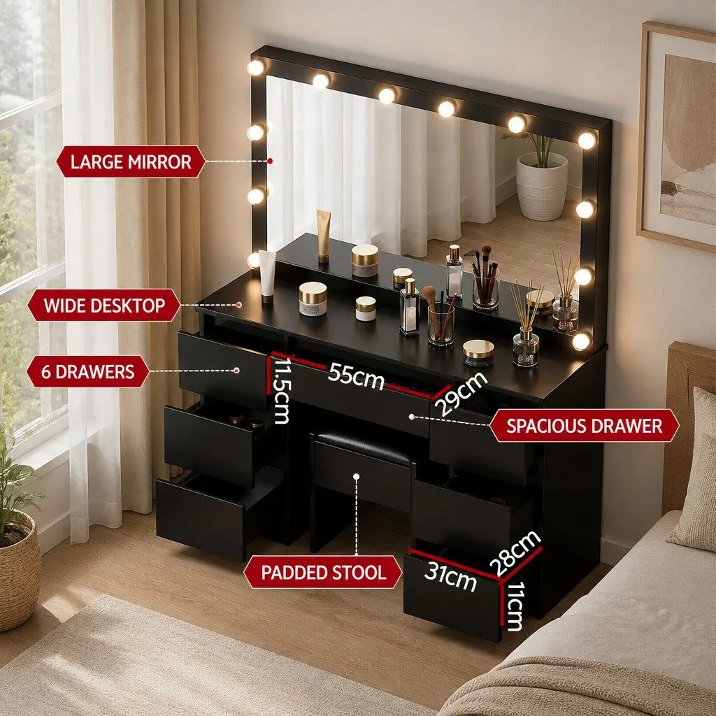 Dressing Table Vanity Desk Set for Bedroom with LED Bulbs Mirror and Stool Black 118cm x 39cm x 143cm