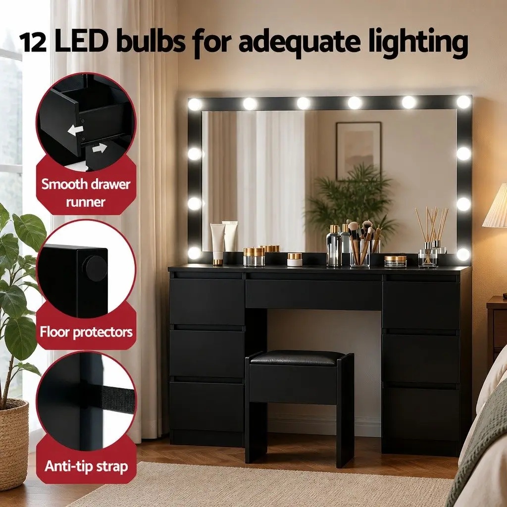 Dressing Table Vanity Desk Set for Bedroom with LED Bulbs Mirror and Stool Black 118cm x 39cm x 143cm