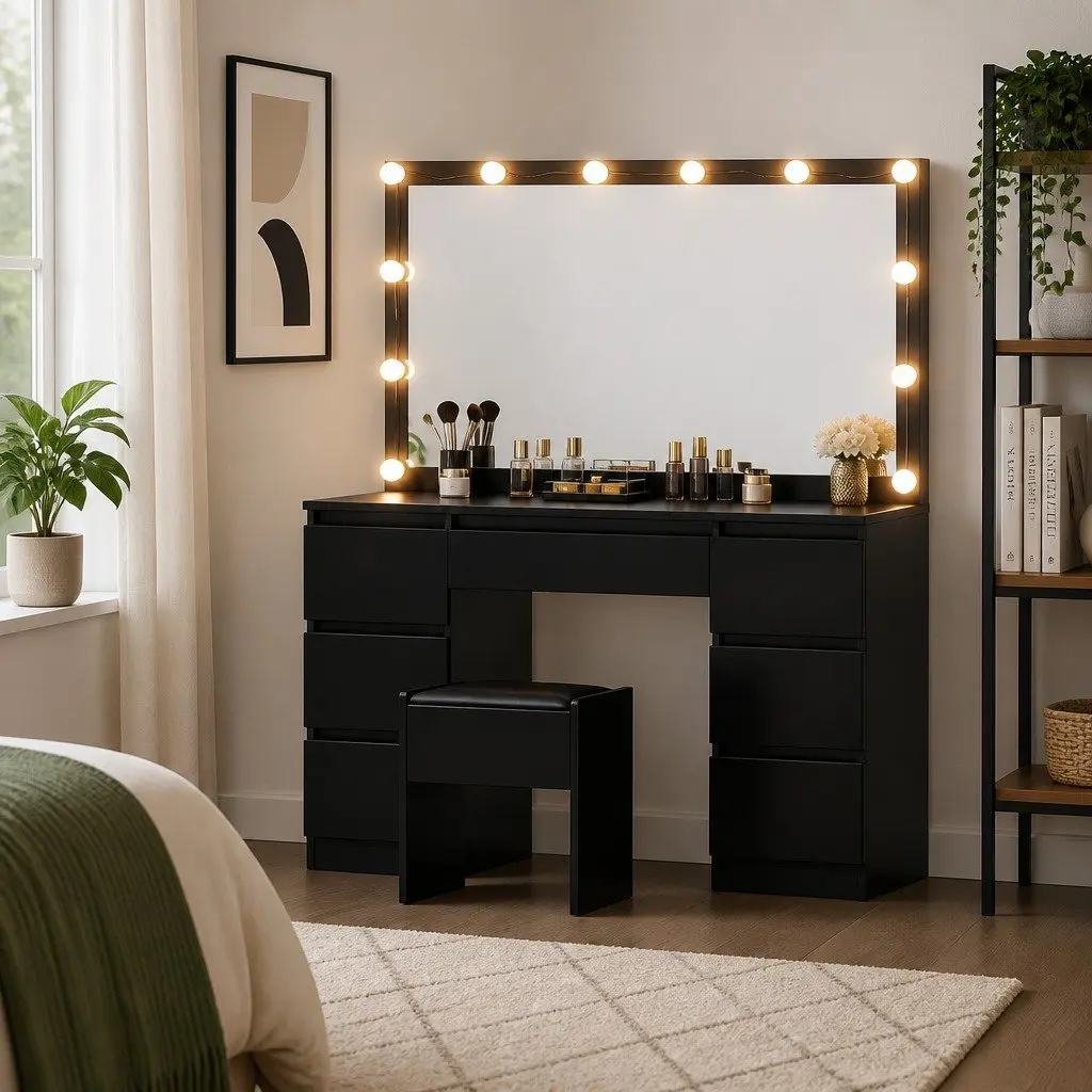 Dressing Table Vanity Desk Set for Bedroom with LED Bulbs Mirror and Stool Black 118cm x 39cm x 143cm