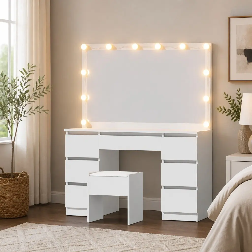 Dressing Table Vanity Set with Large Mirror and LED Lighting