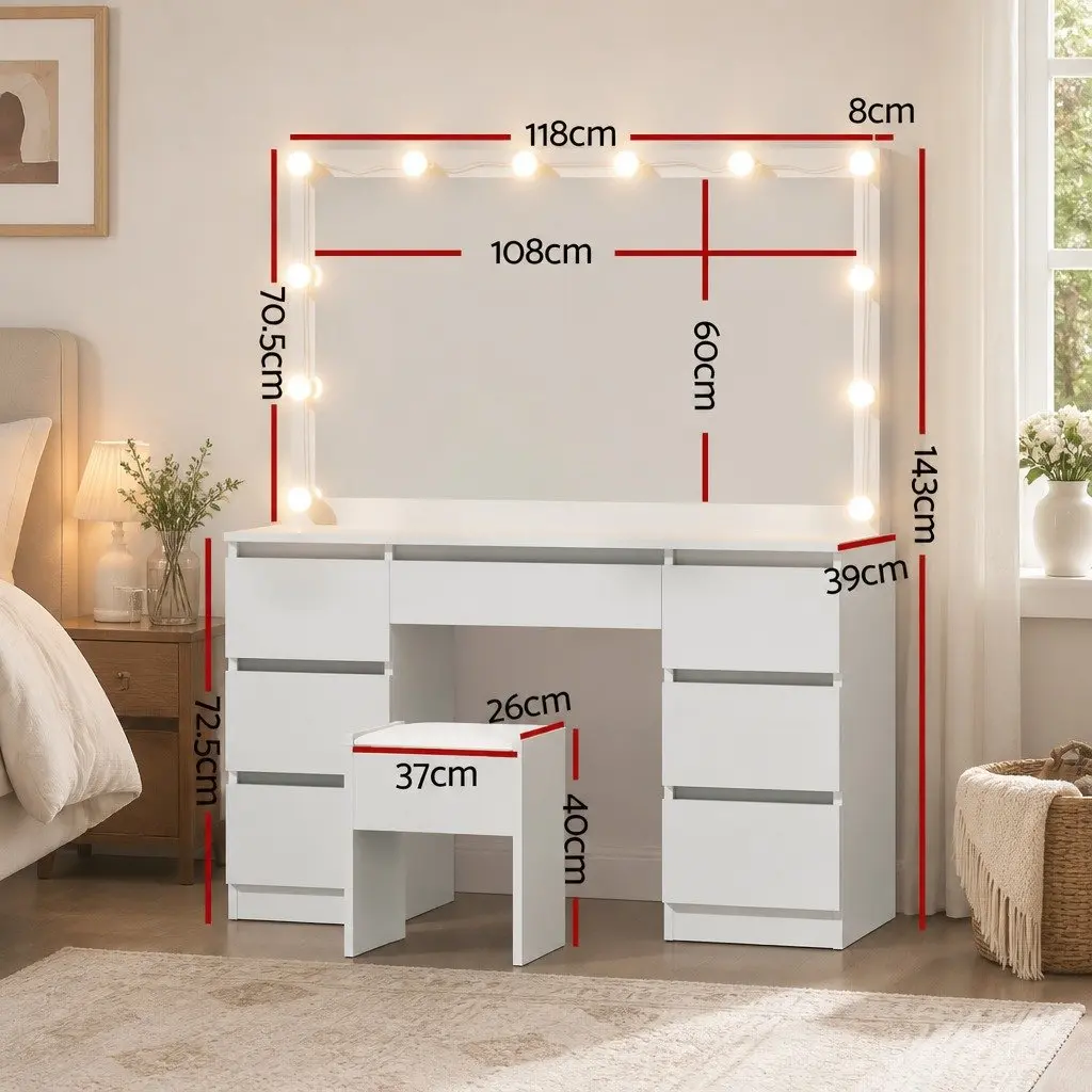 Dressing Vanity Table Set for Bedroom with Stool and 12 LED Bulbs White Makeup Mirror