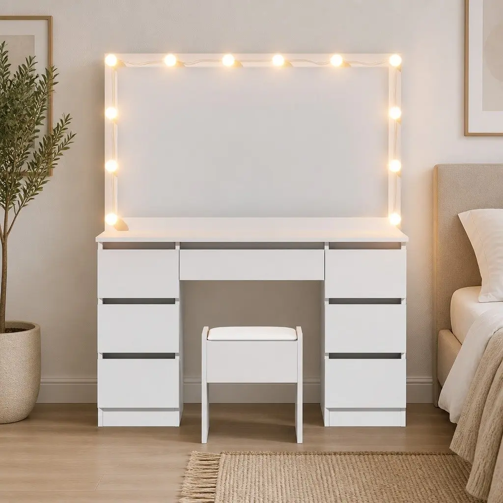 Dressing Vanity Table Set for Bedroom with Stool and 12 LED Bulbs White Makeup Mirror
