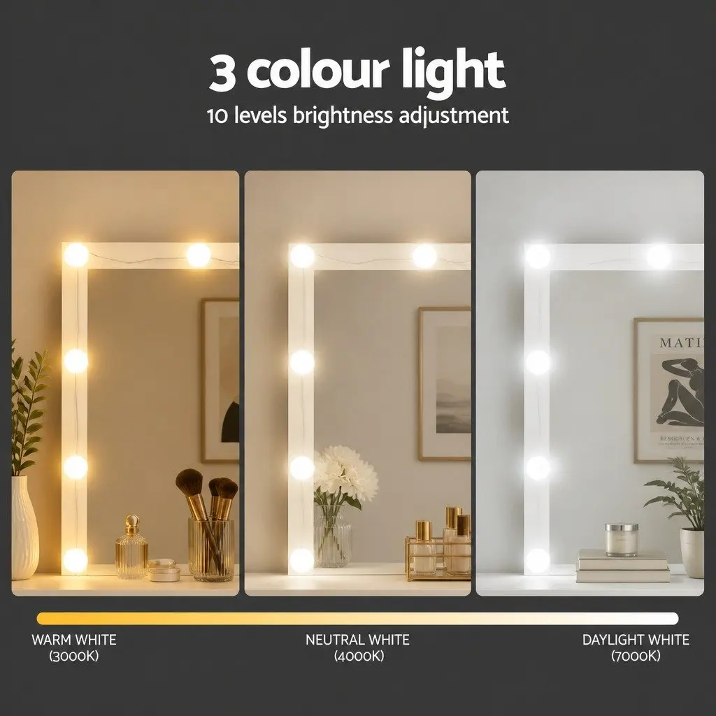 Dressing Vanity Table Set for Bedroom with Stool and 12 LED Bulbs White Makeup Mirror