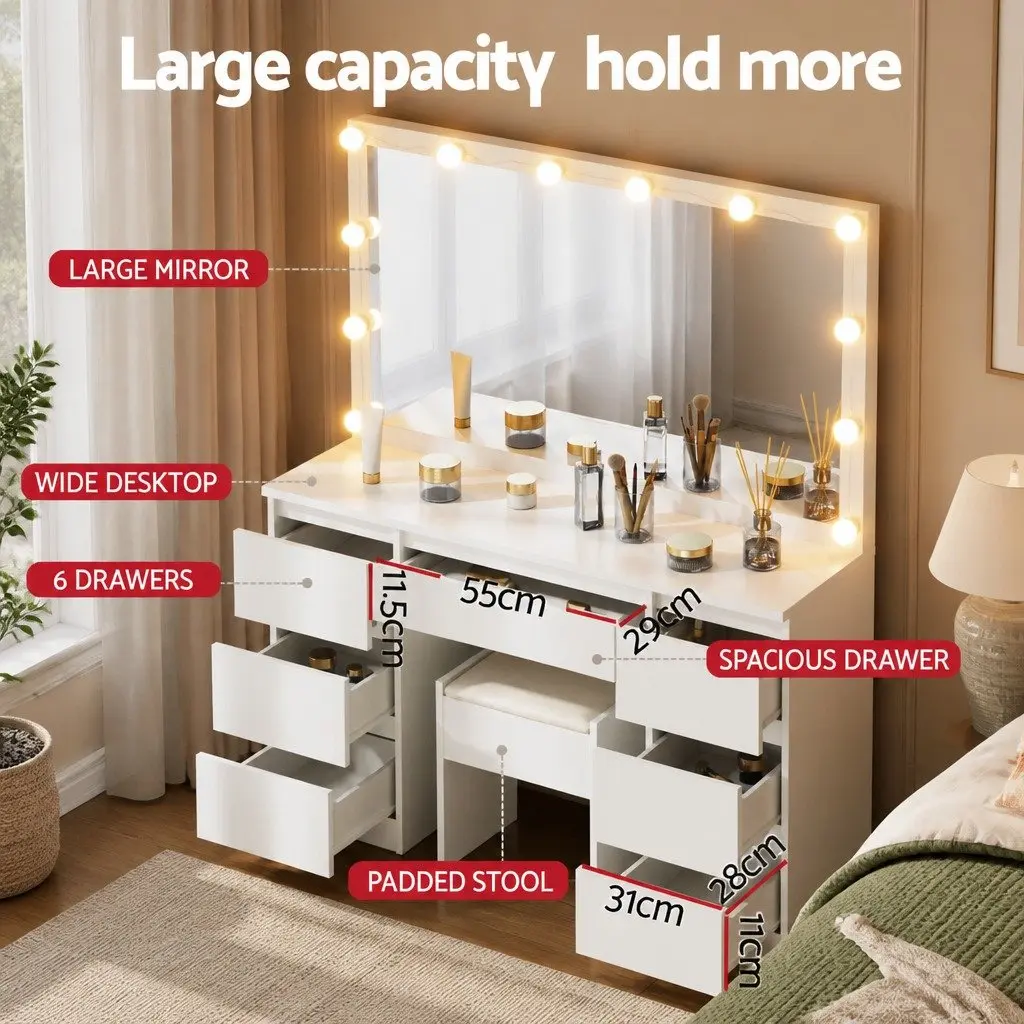Dressing Vanity Table Set for Bedroom with Stool and 12 LED Bulbs White Makeup Mirror