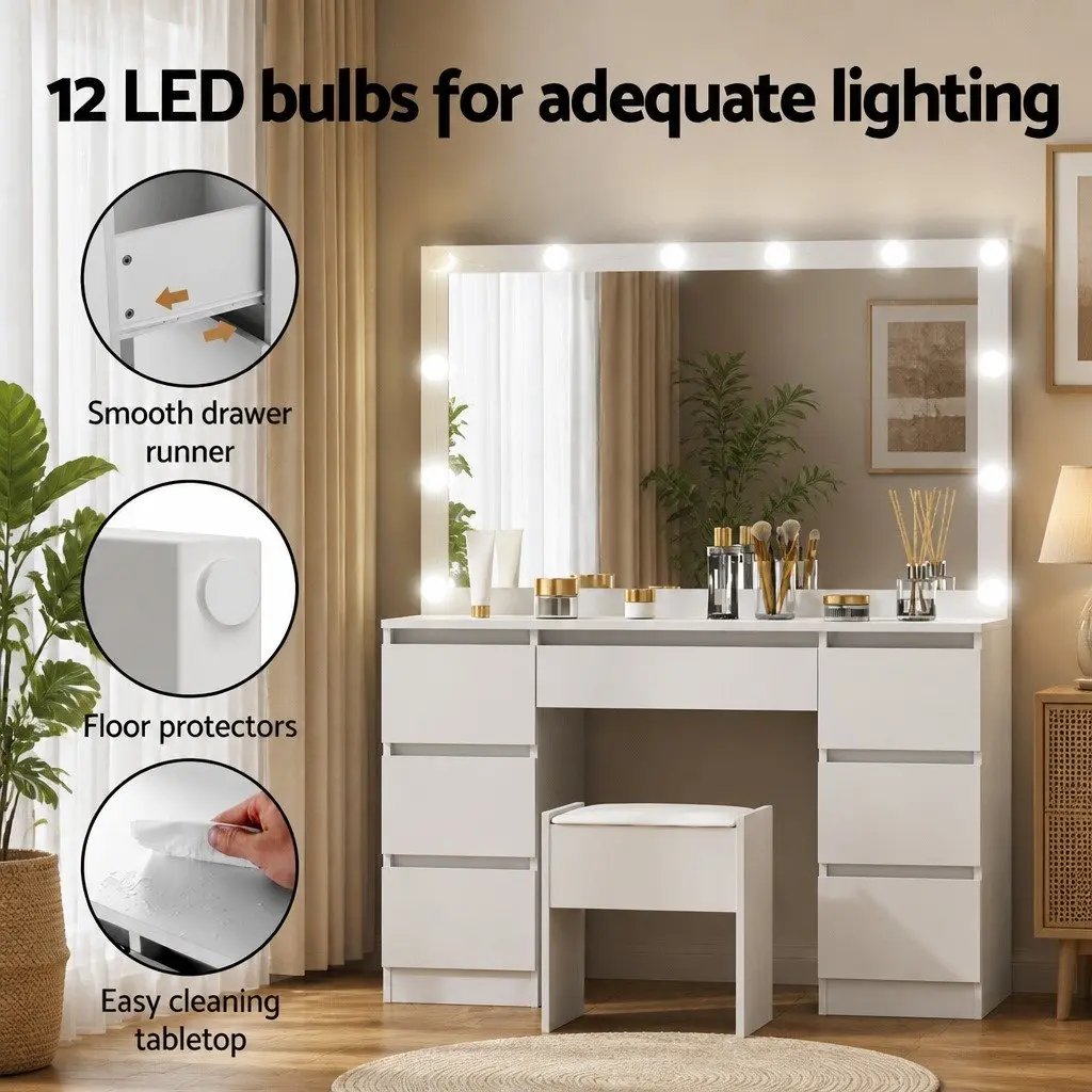 Dressing Vanity Table Set for Bedroom with Stool and 12 LED Bulbs White Makeup Mirror