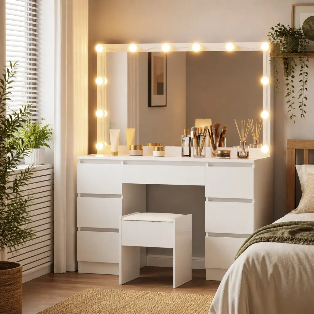Dressing Vanity Table Set for Bedroom with Stool and 12 LED Bulbs White Makeup Mirror