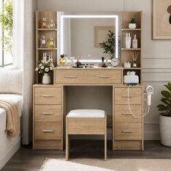 Dressing Table Vanity Desk with LED Mirror Charging Station Stool Storage