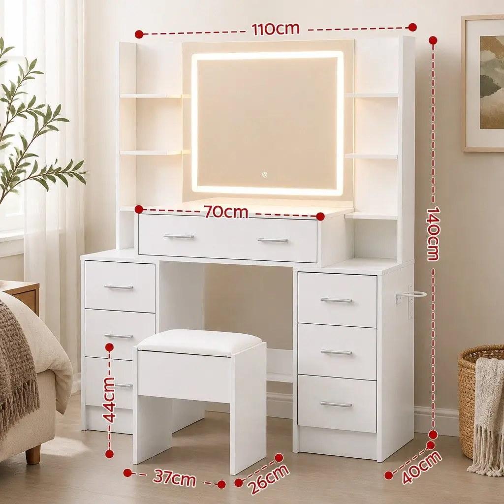 Dressing Table Vanity Desk Set for Bedroom with LED Mirror Charging Station Stool White