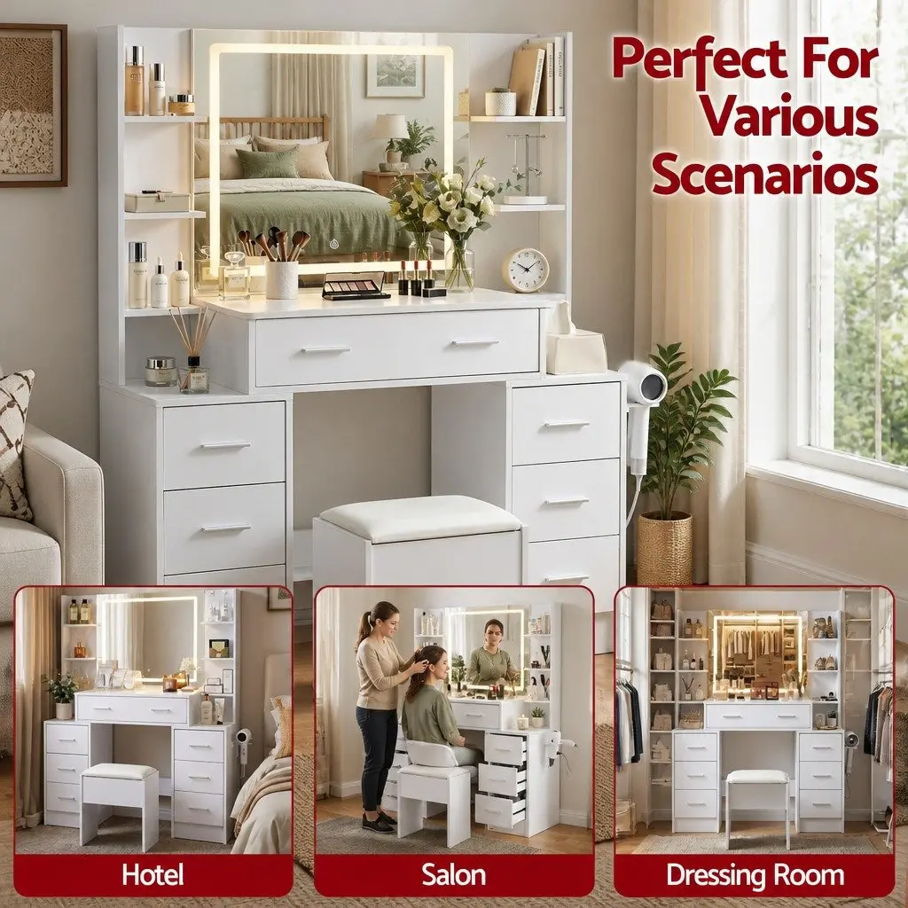 Dressing Table Vanity Desk Set for Bedroom with LED Mirror Charging Station Stool White