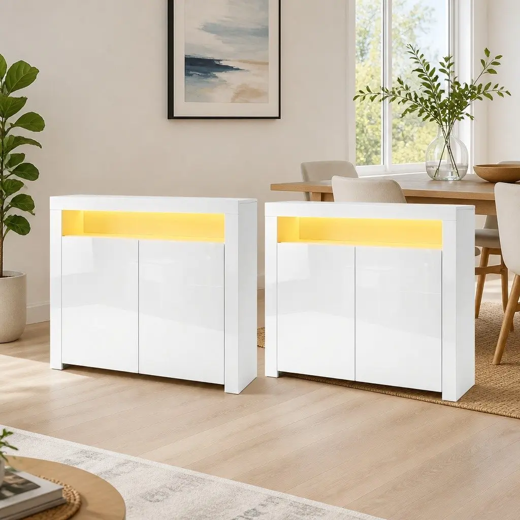 LED Sideboard Cabinet 2x High-Gloss White Storage Dining Buffet Cupboard Display