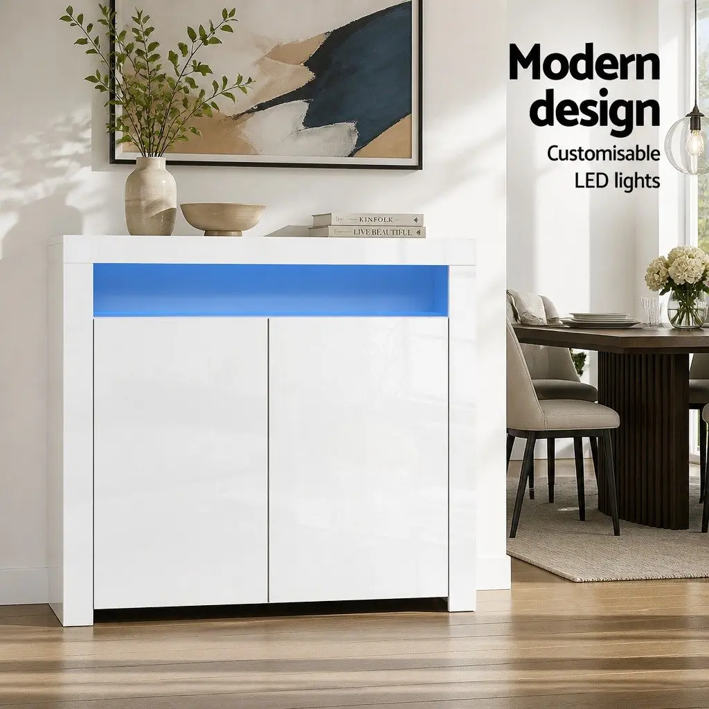 LED Sideboard White High Gloss Display Cabinet Modern Dining Room Storage
