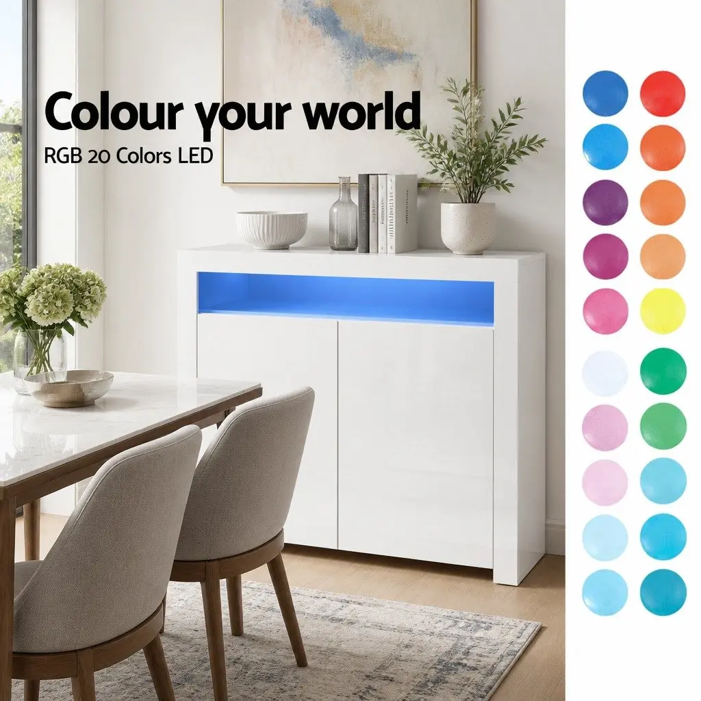 LED Sideboard White High Gloss Display Cabinet Modern Dining Room Storage