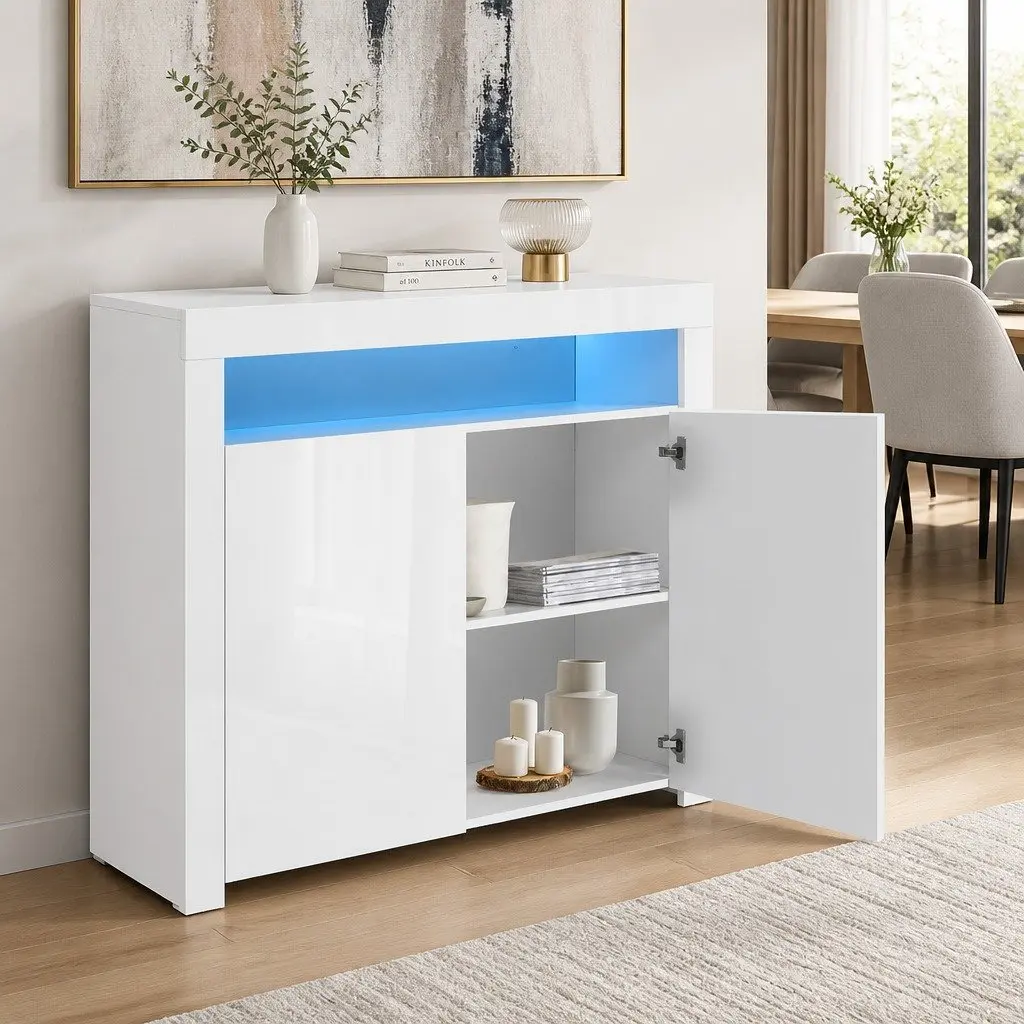 LED Sideboard White High Gloss Display Cabinet Modern Dining Room Storage