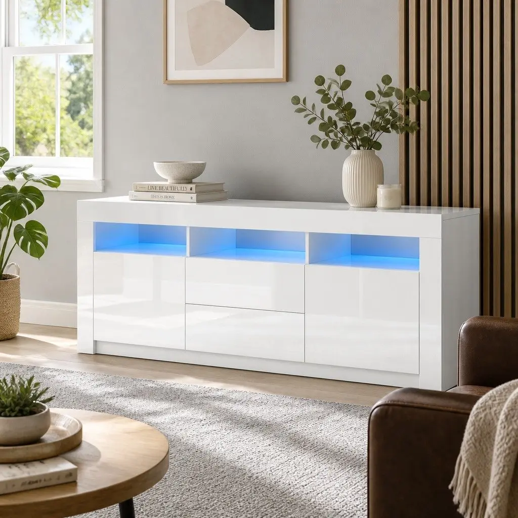 TV Unit Entertainment Unit 160cm White Living Room with LED Lighting Storage