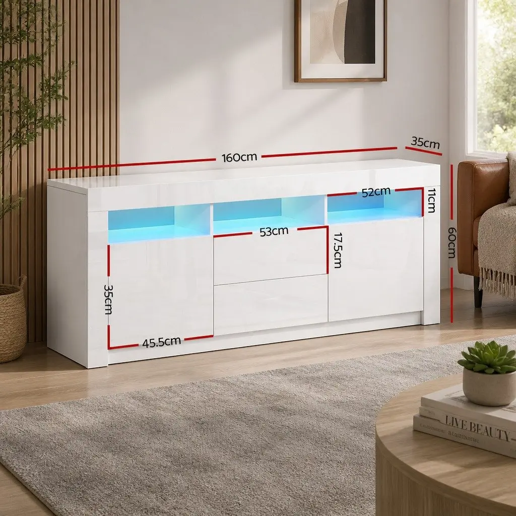 TV Unit Entertainment Unit 160cm White Living Room with LED Lighting Storage