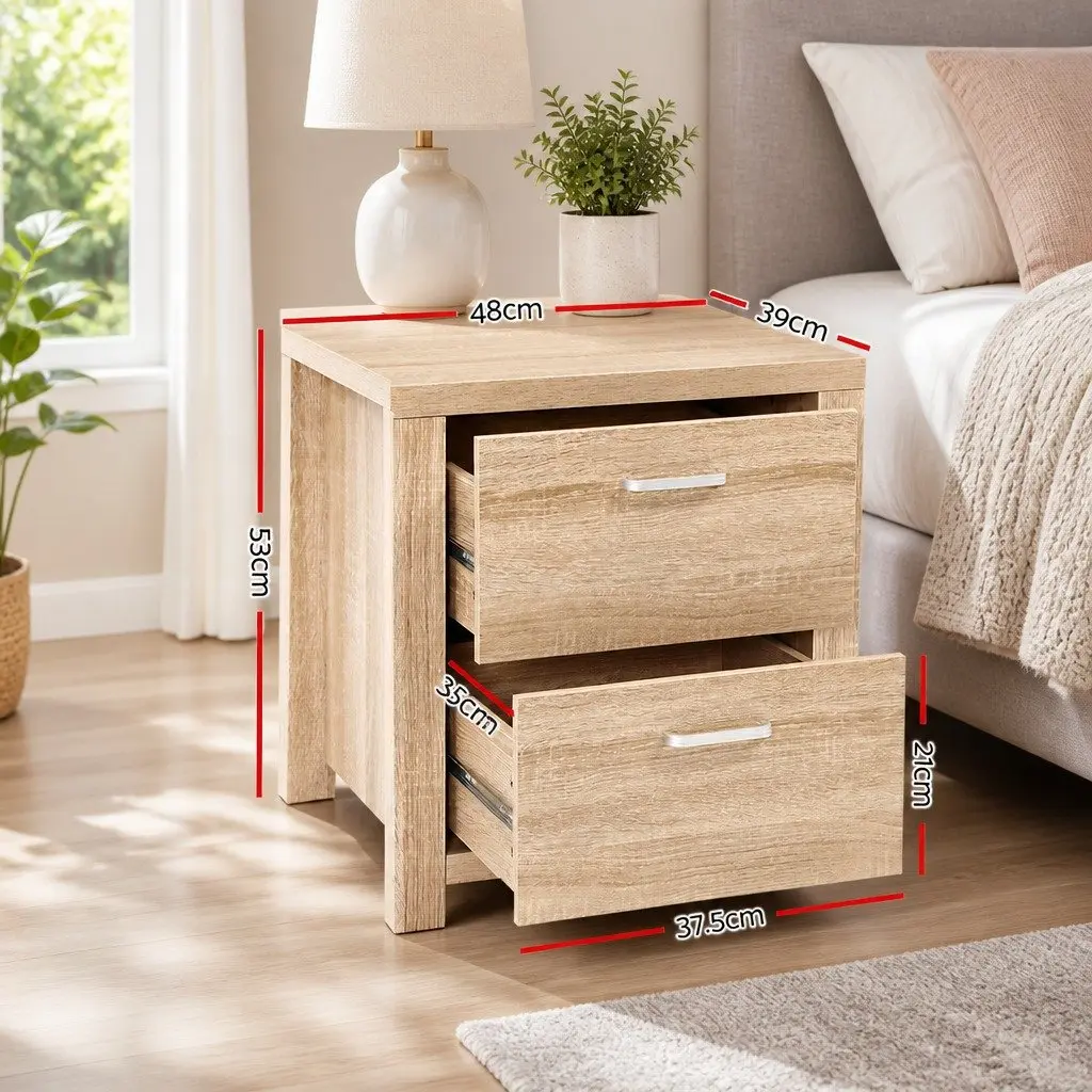 Bedside Table 2 Drawers Storage Bedroom Nightstand Side Table Natural Wood