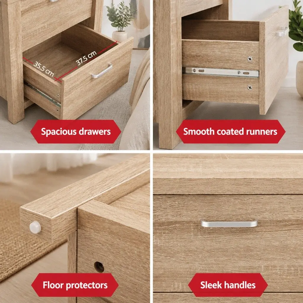Bedside Table 2 Drawers Storage Bedroom Nightstand Side Table Natural Wood