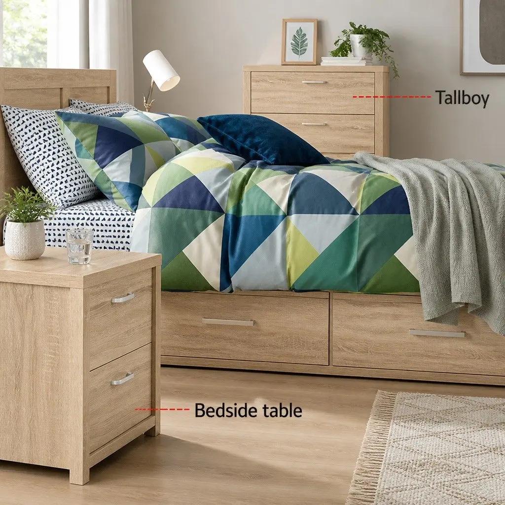 Bedside Table 2 Drawers Storage Bedroom Nightstand Side Table Natural Wood