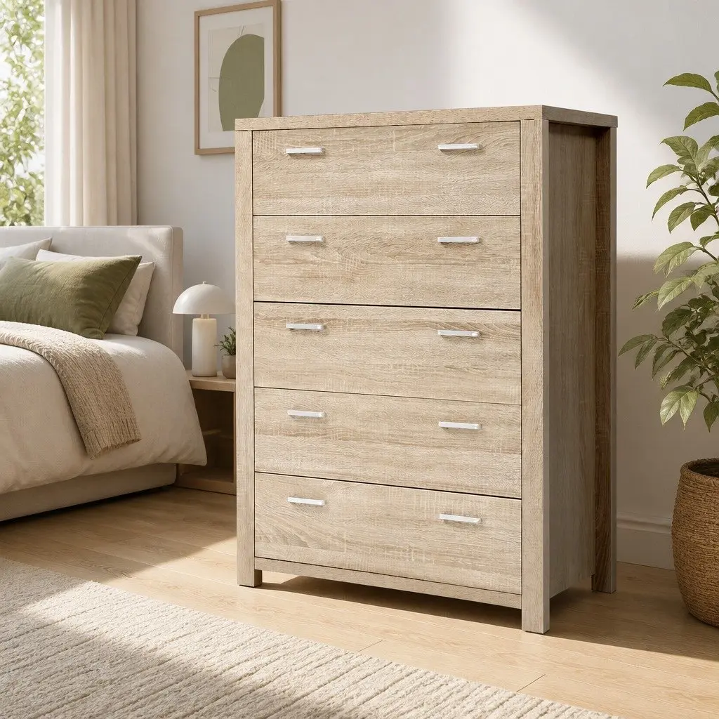 5 Drawer Chest Tallboy Storage Cabinet Pine Bedroom Dresser with Handles Floor