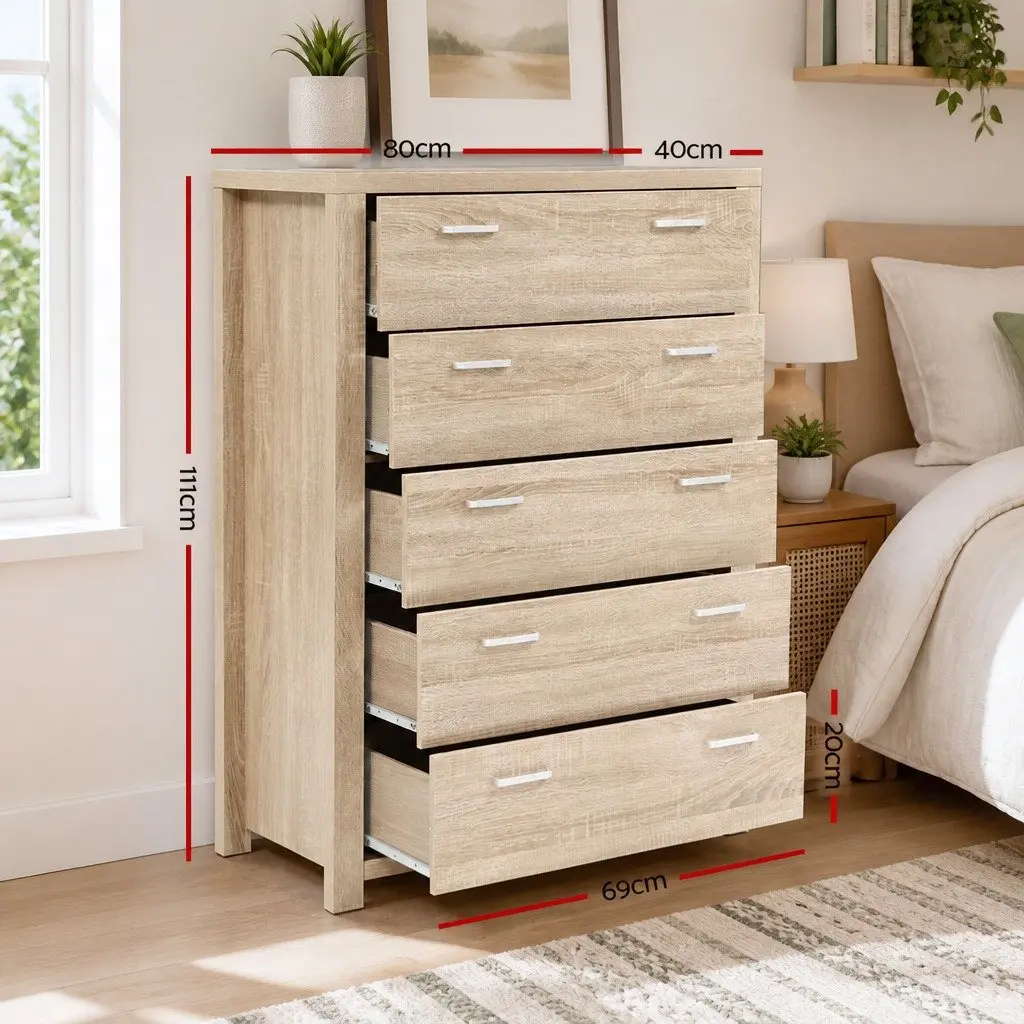 5 Drawer Chest Tallboy Storage Cabinet Pine Bedroom Dresser with Handles Floor