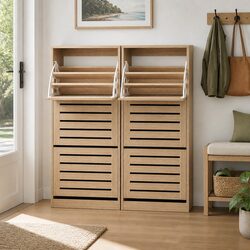 Shoe Cabinet Storage Organiser 2 Piece Set 3 Flip Drawers Pine Hallway Furniture