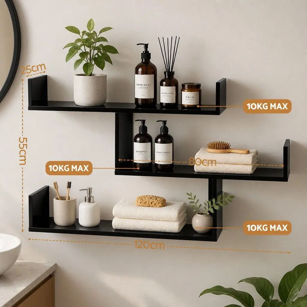Floating Wall Shelf 3 Tier Black Minimalist Display Storage Organiser