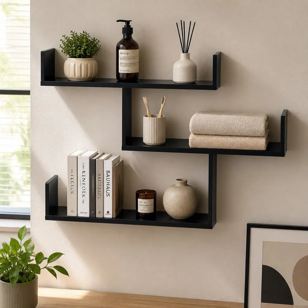Floating Wall Shelf 3 Tier Black Minimalist Display Storage Organiser