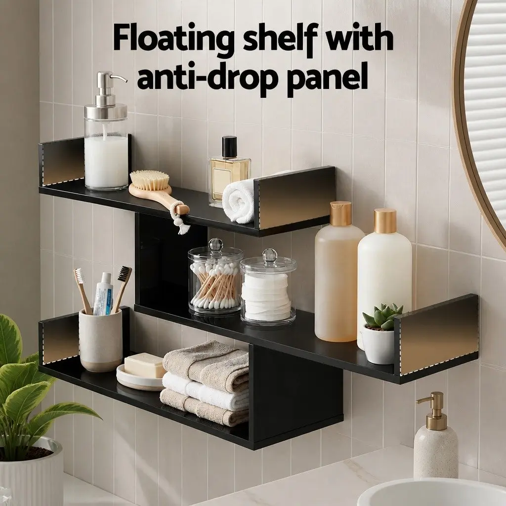 Floating Wall Shelf 3 Tier Black Minimalist Display Storage Organiser