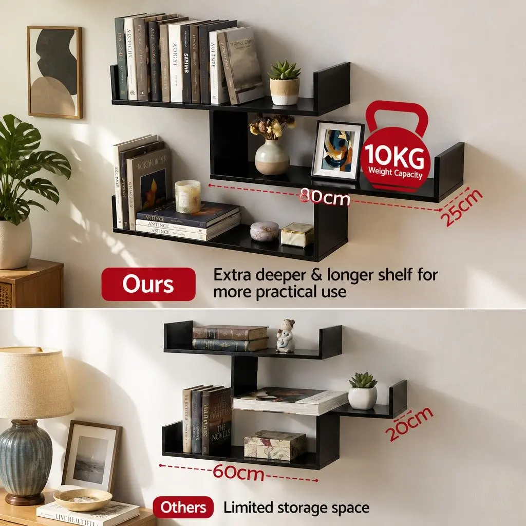 Floating Wall Shelf 3 Tier Black Minimalist Display Storage Organiser