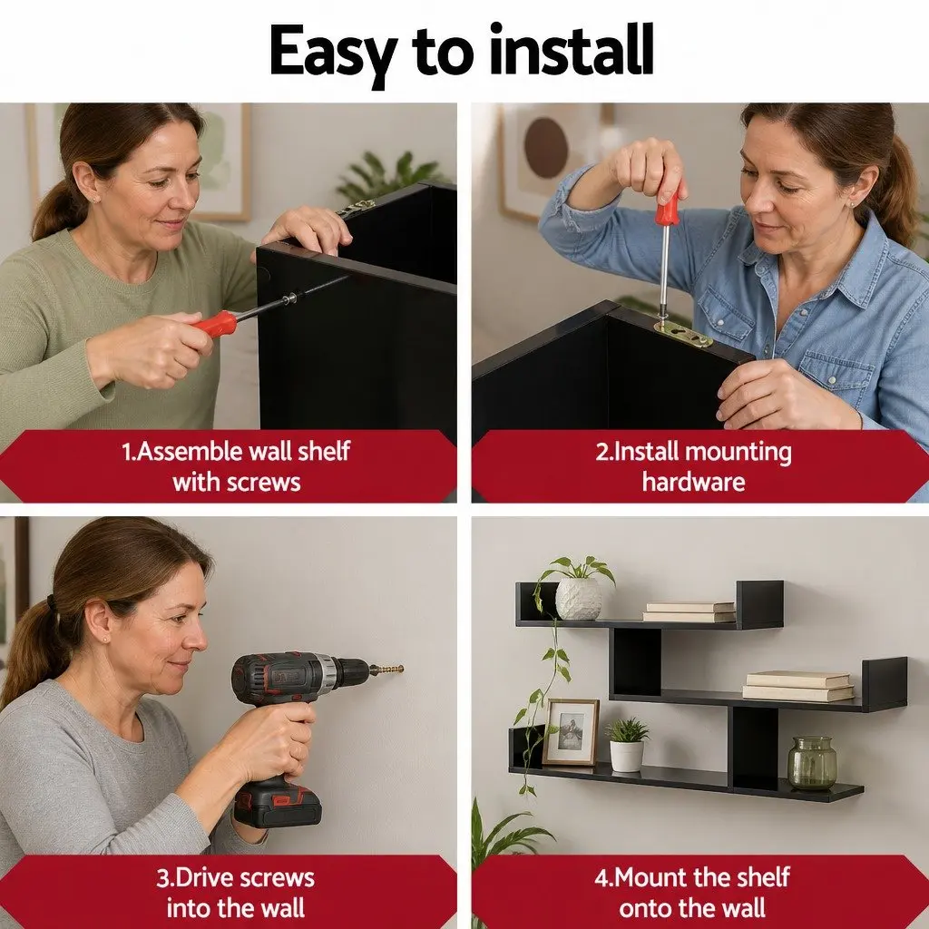 Floating Wall Shelf 3 Tier Black Minimalist Display Storage Organiser