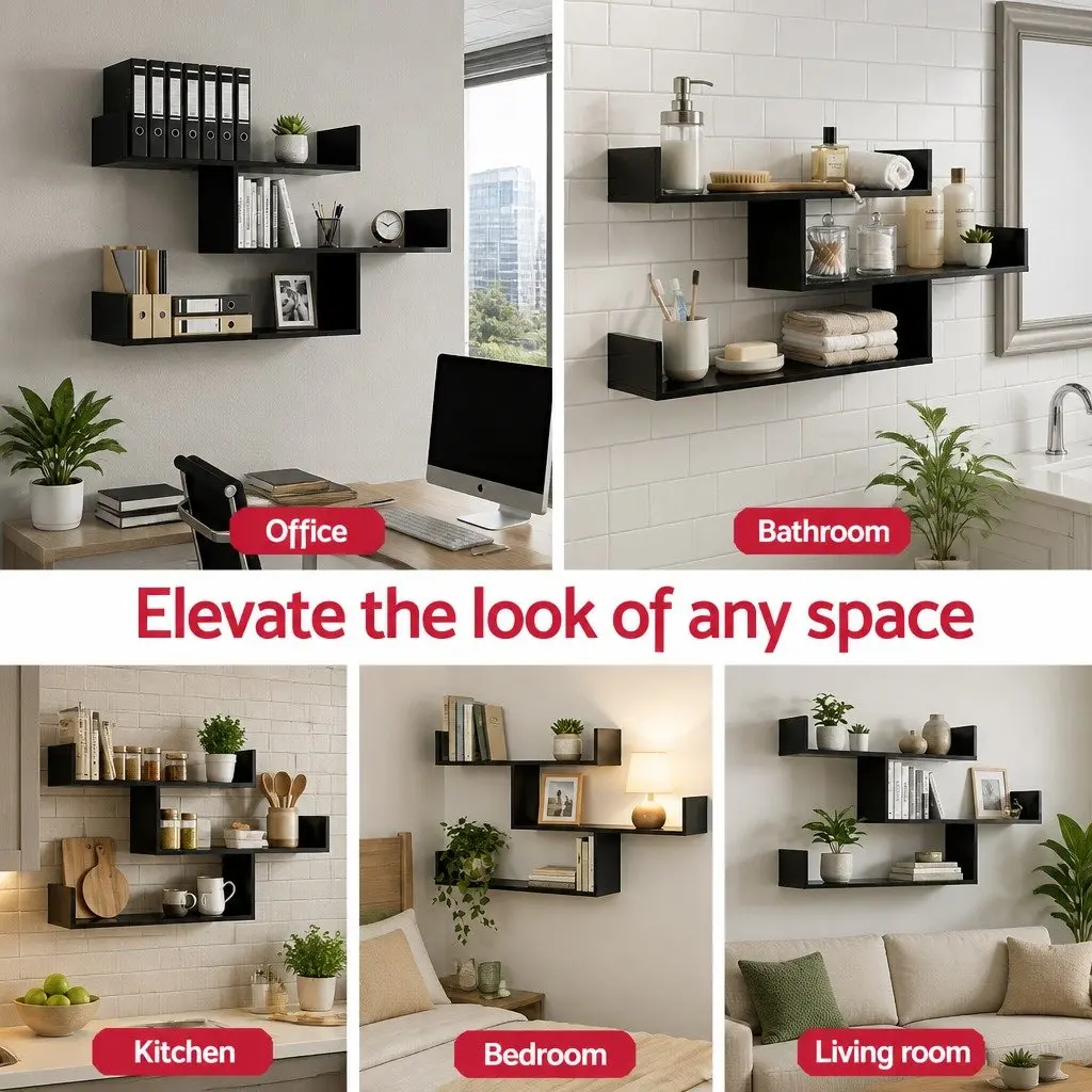 Floating Wall Shelf 3 Tier Black Minimalist Display Storage Organiser