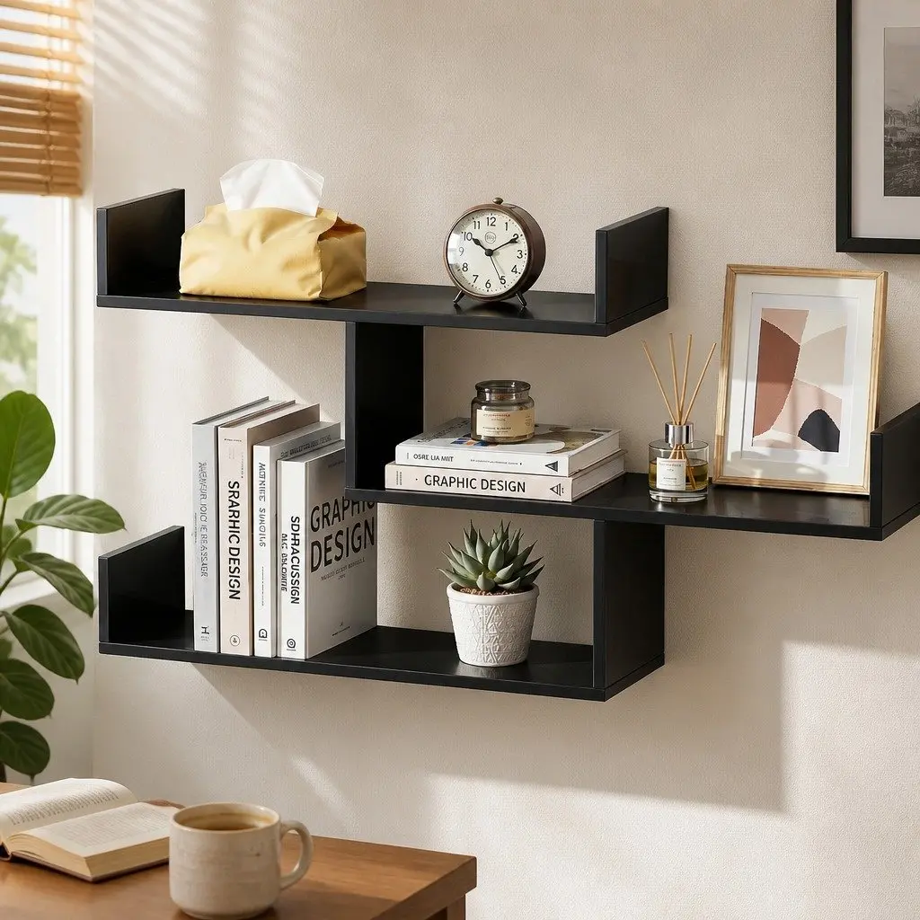 Floating Wall Shelf 3 Tier Black Minimalist Display Storage Organiser