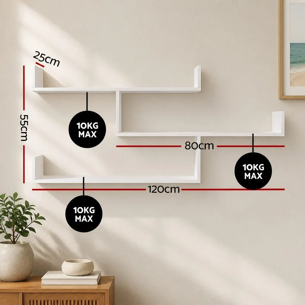 Floating Wall Shelf 3 Tier White Storage Display Shelves for Living Room 120cm W x 25cm D x 55cm H