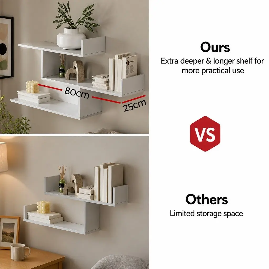 Floating Wall Shelf 3 Tier White Storage Display Shelves for Living Room 120cm W x 25cm D x 55cm H