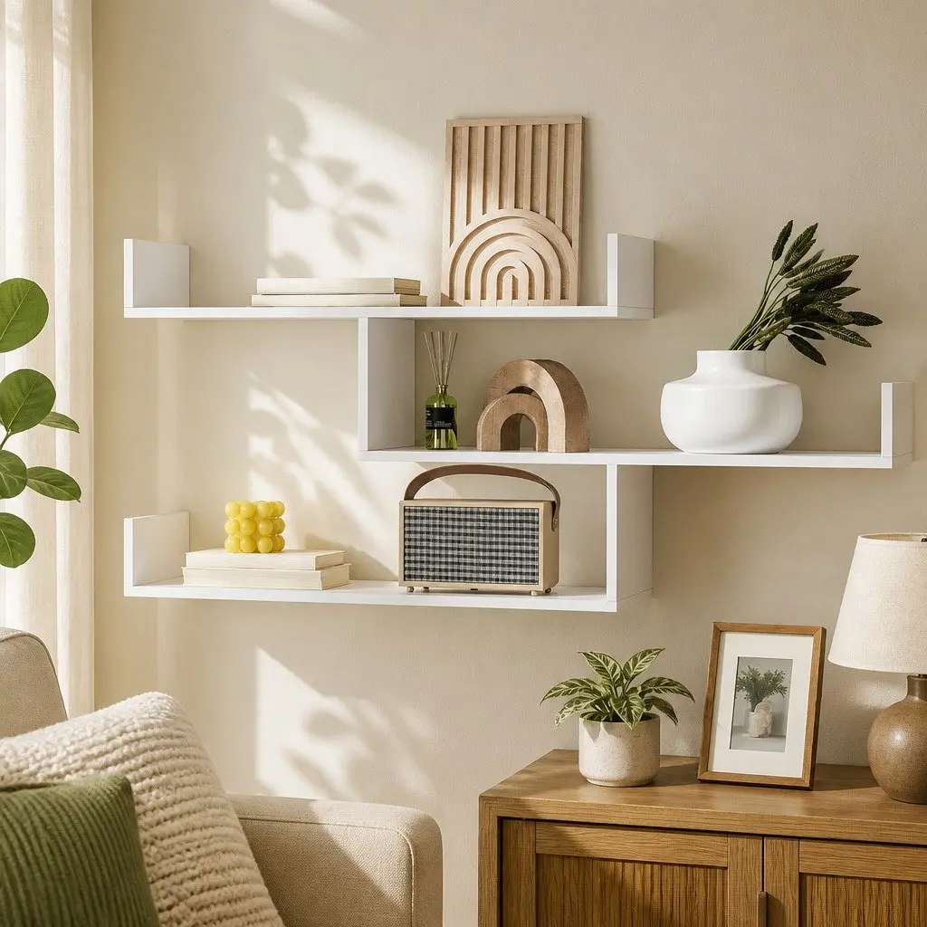 Floating Wall Shelf 3 Tier White Storage Display Shelves for Living Room 120cm W x 25cm D x 55cm H