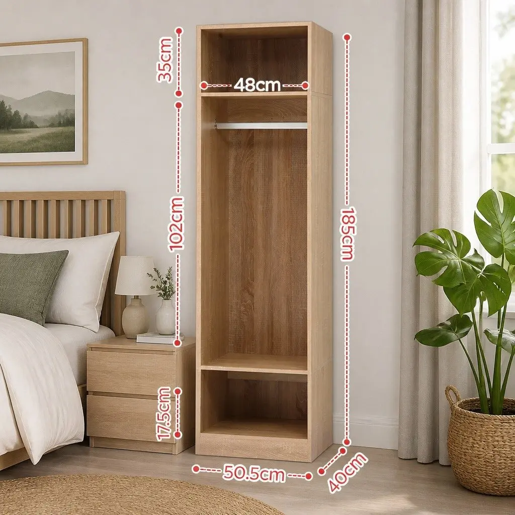 Pine Wardrobe Closet Storage Organizer for Bedroom 185cm Tall with Hanging Rod and 2 Open Shelves