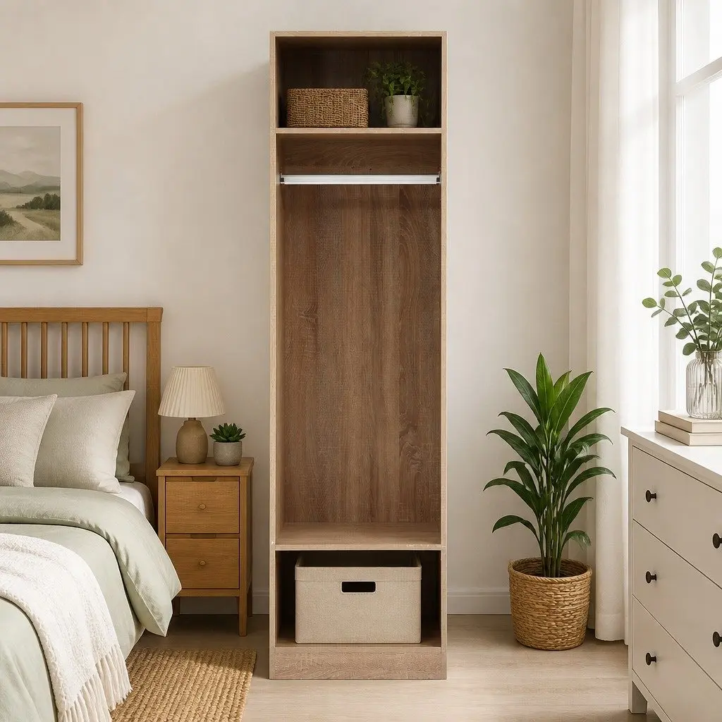 Pine Wardrobe Closet Storage Organizer for Bedroom 185cm Tall with Hanging Rod and 2 Open Shelves