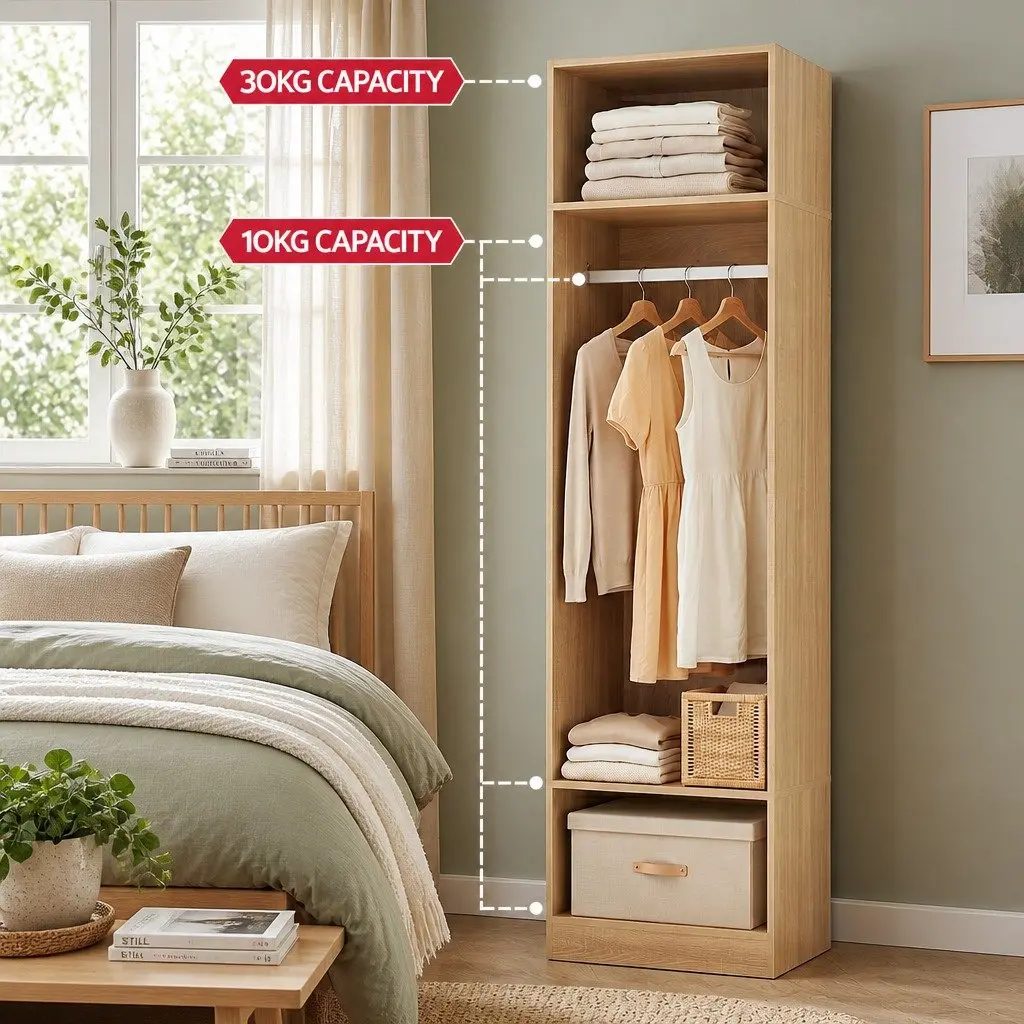 Pine Wardrobe Closet Storage Organizer for Bedroom 185cm Tall with Hanging Rod and 2 Open Shelves