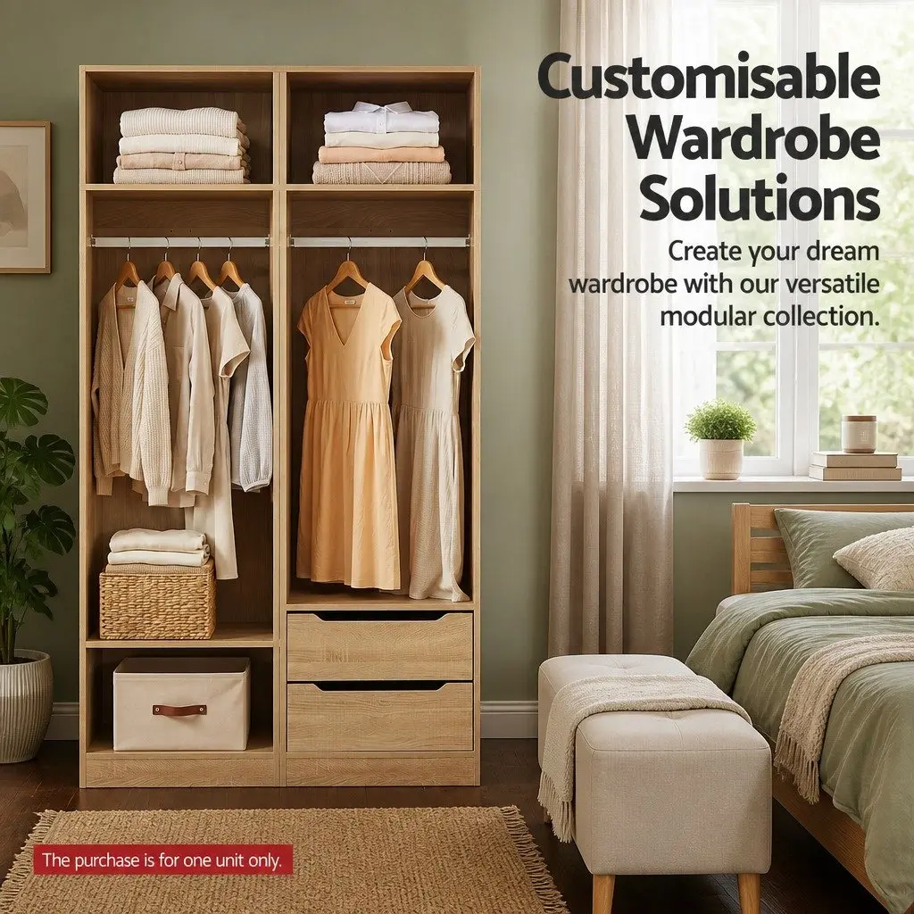 Pine Wardrobe Closet Storage Organizer for Bedroom 185cm Tall with Hanging Rod and 2 Open Shelves