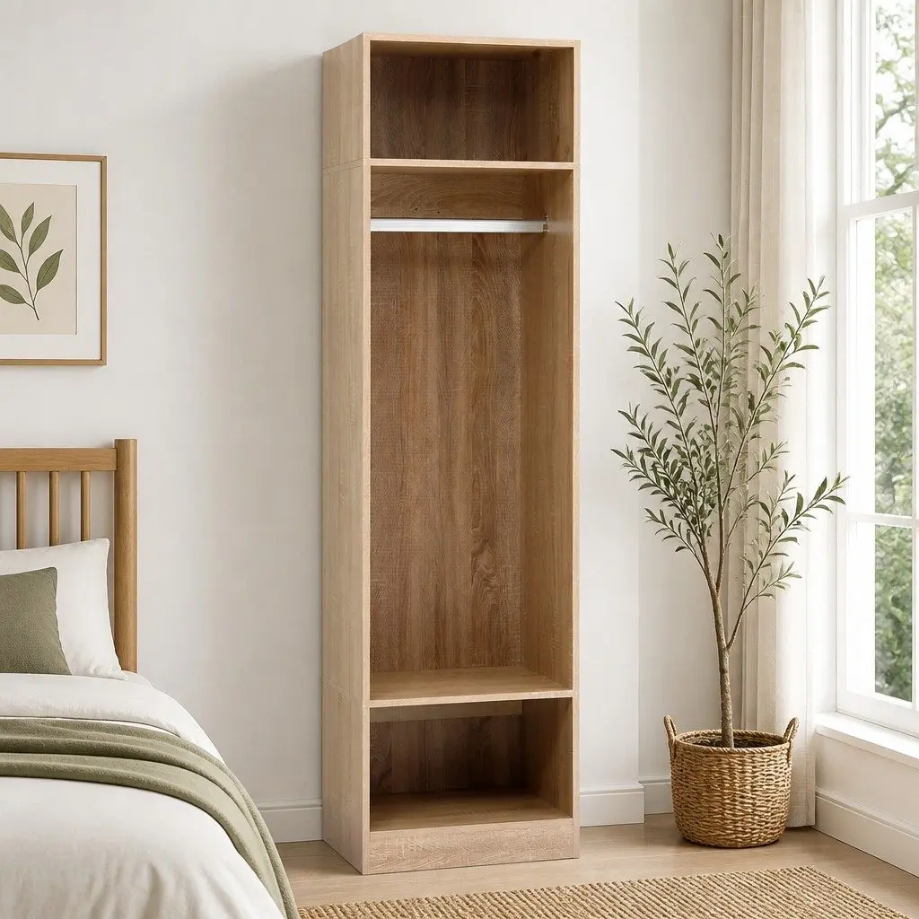 Pine Wardrobe Closet Storage Organizer for Bedroom 185cm Tall with Hanging Rod and 2 Open Shelves